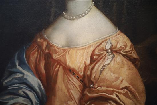 Manner of Sir Peter Lely (1618-1680) Portrait of a lady wearing a pearl necklace and silk dress oval, 28 x 24in.